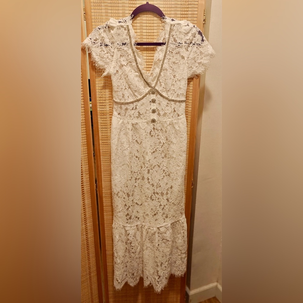White Lace Dress with Rhinestone Detail and Pockets